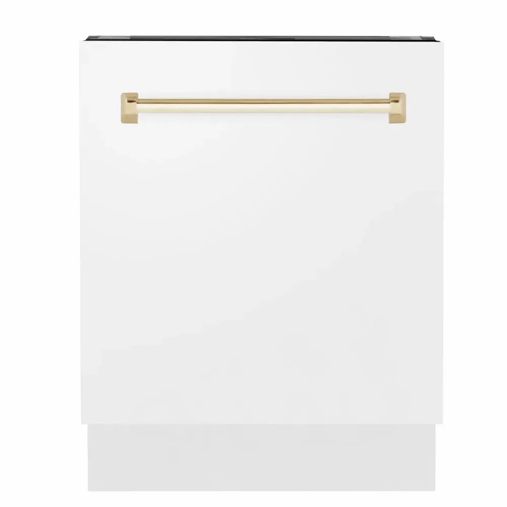 ZLINE Autograph Edition 24 in. Tallac Series 3rd Rack Dishwasher with Auto Door Open Drying, 51dBa, White Matte Panel with Polished Gold Handle (DWVZ-WM-24-G)