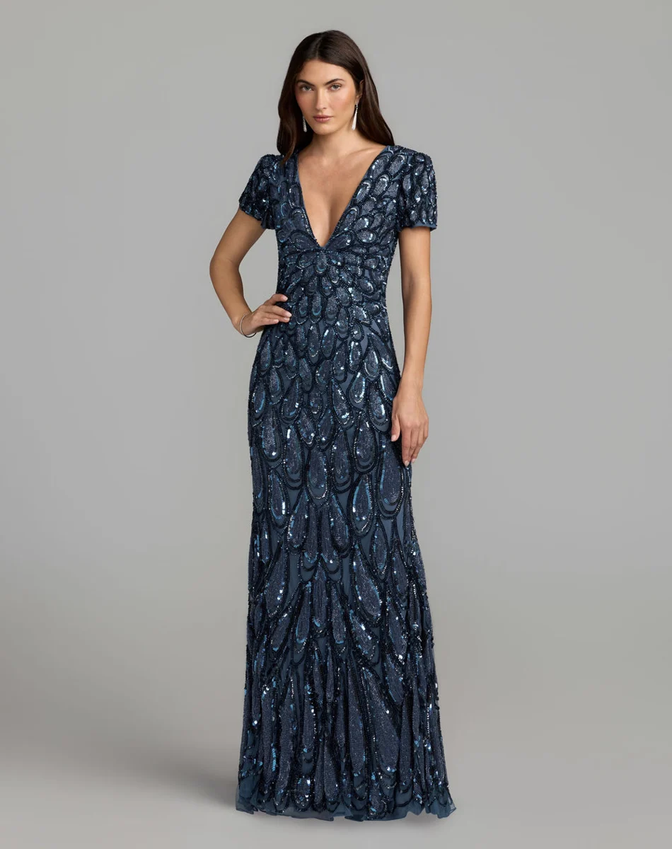 Petite Denim Embellished Deep V-Neck Column Gown
