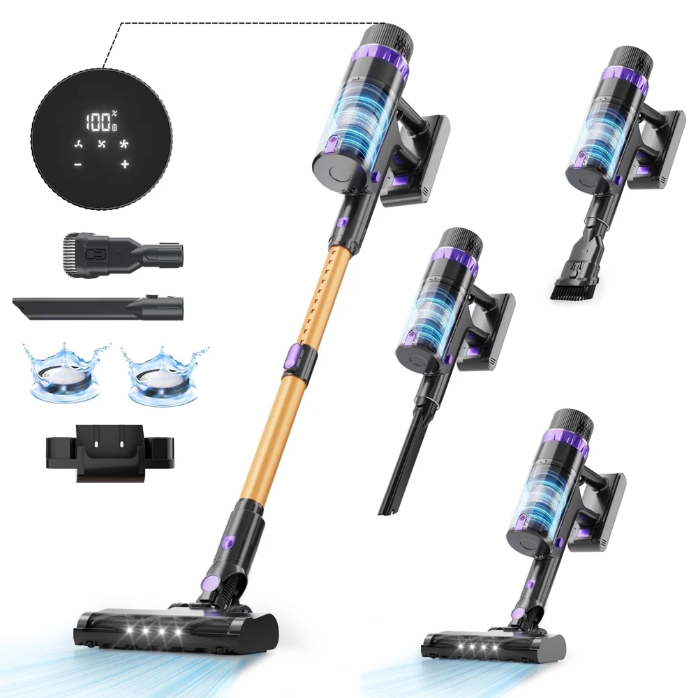 Prettycare Cordless Vacuum Cleaner, 580W 48KPA 55 Mins, Vacuum Stick Cleaners for Home,with Wall Mount Charge, Touch Screen, Ultra High-Power Brush for Pet Hair/Plush Carpet/All Floor