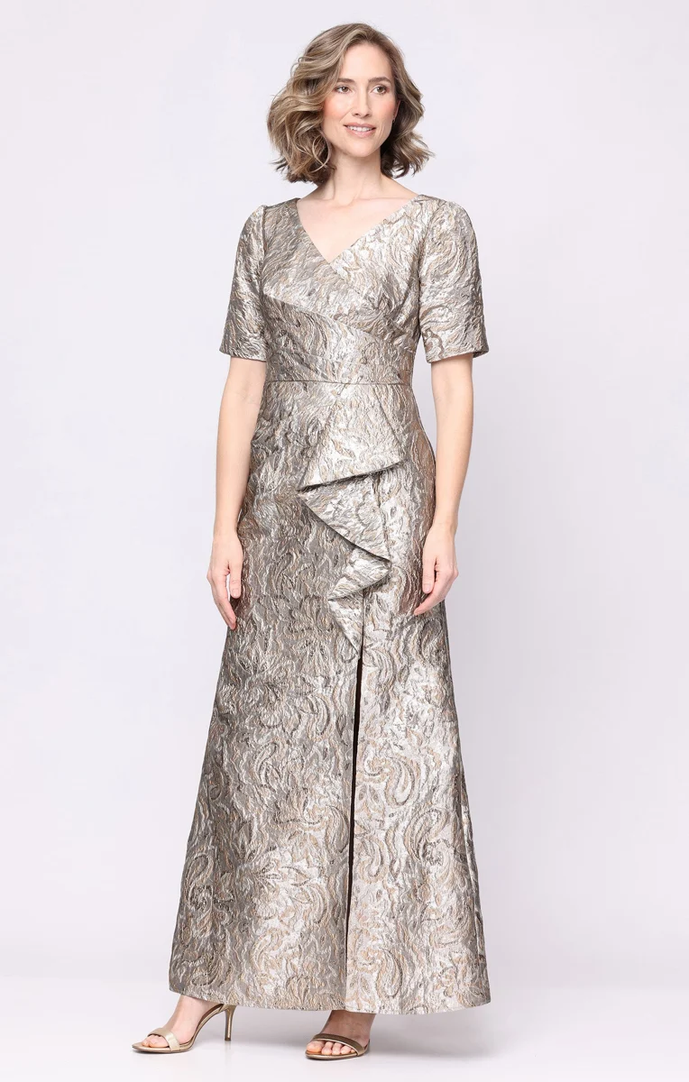 Jacquard Surplice-Neckline A-Line Gown