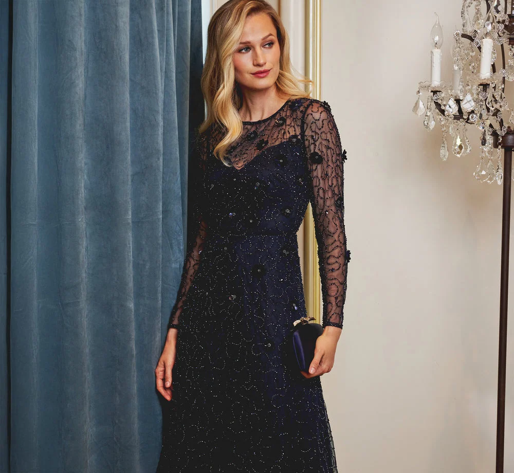Petite Long Sleeve Illusion Floral Beaded Midi Dress In Midnight