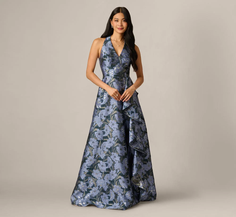 Floral Jacquard Flounce Cascade Gown In Navy Blue Multi
