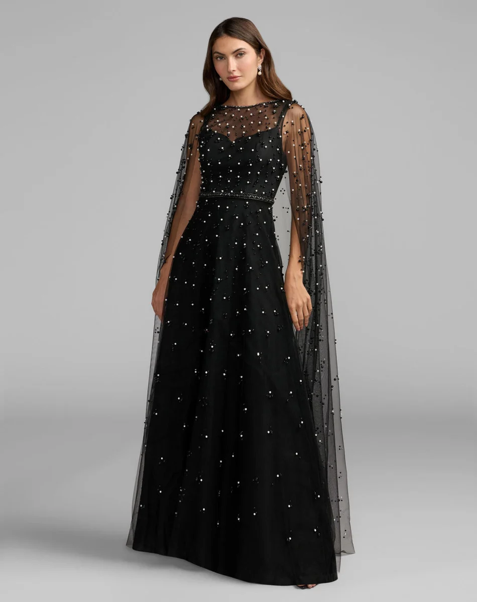 Black Pearl Embellished Tulle A-Line Gown With Cape