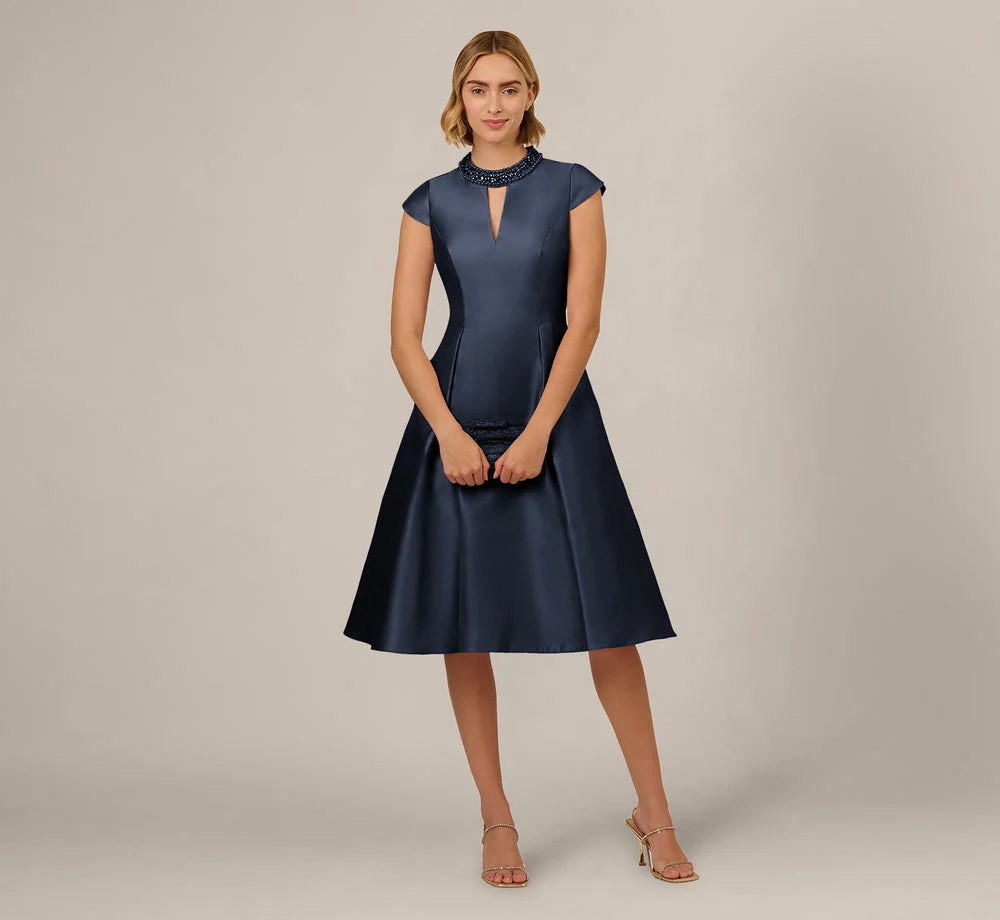 Key Hole Mikado Cap Sleeve Midi Dress In Midnight