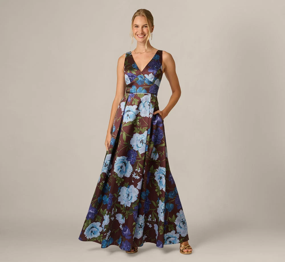 Garden Floral Printed V Neck Mikado Gown In Brown Multi