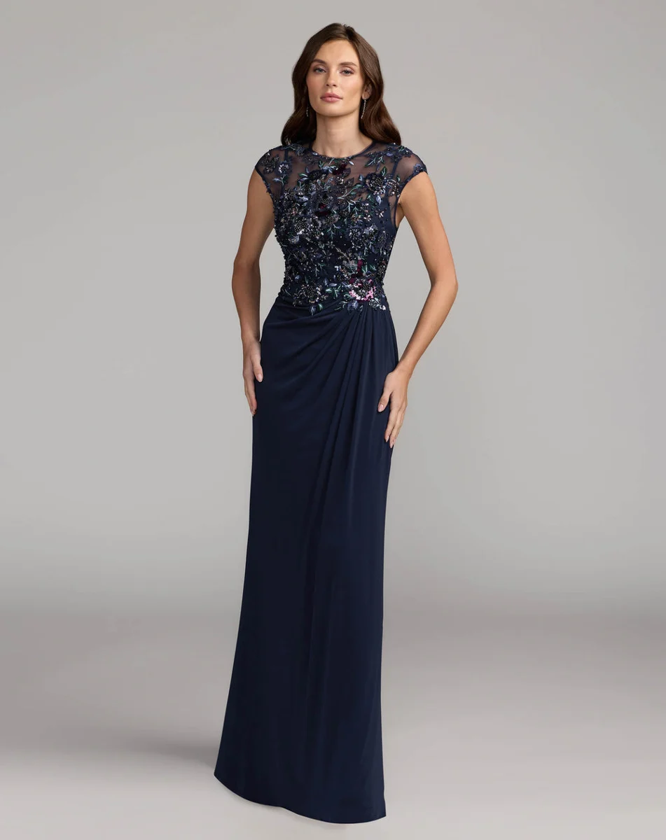 Navy Embroidered Cap Sleeve Jersey Gown