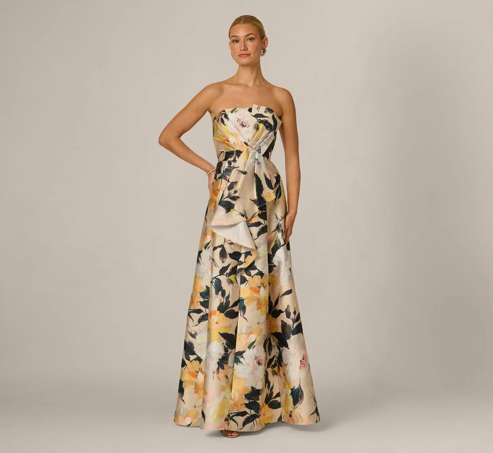Strapless Origami Pleated Floral Print Gown In Ivory Yellow Multi
