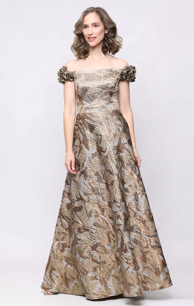 *Long Jacquard Off the Shoulder Dress with 3-D Flower Detail
