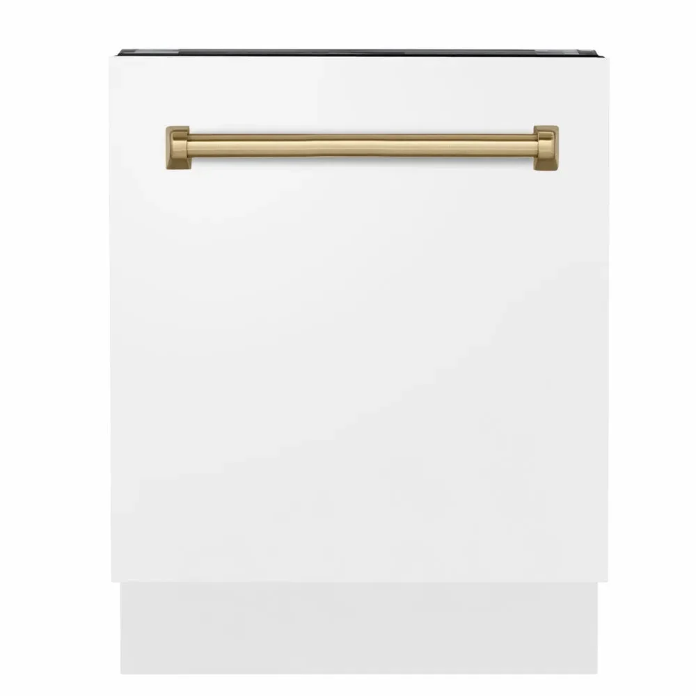 ZLINE Autograph Edition 24 in. Tallac Series 3rd Rack Dishwasher with Auto Door Open Drying, 51dBa, White Matte Panel with Champagne Bronze Handle (DWVZ-WM-24-CB)