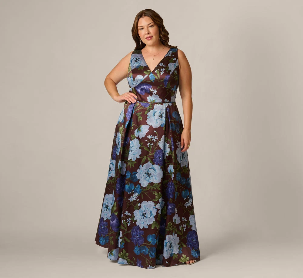 Plus Size Garden Floral Printed V Neck Mikado Gown In Brown Multi