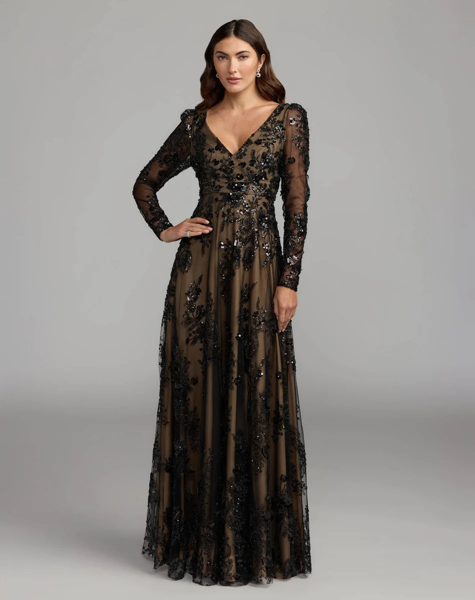 Black Nude Embroidered Long Sleeve V-Neck Gown