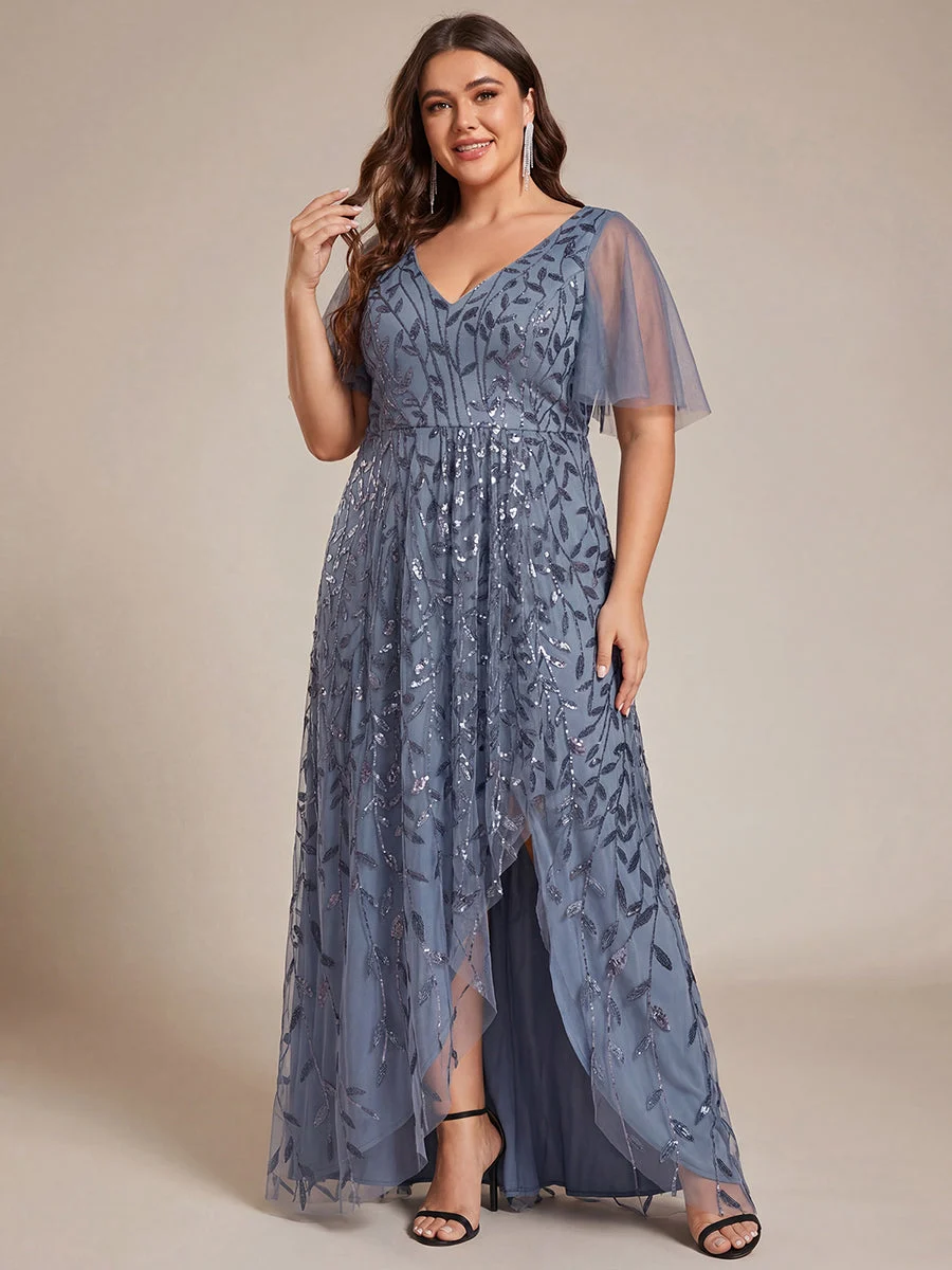 pretty ALIX|Plus Size Short Sleeves Sequin High Low V-Neck Midi Formal Evening Dress