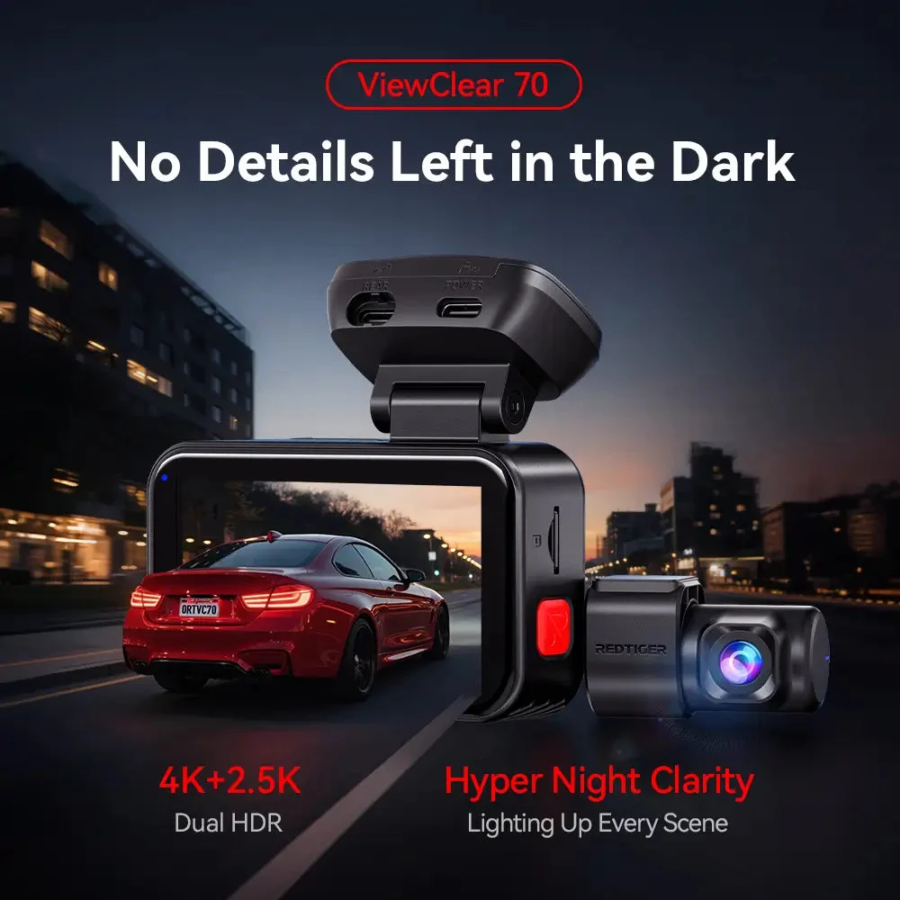 Redtiger ViewClear-70 4K Dual HDR 5.8Ghz WiFi-6 Super Night Vision Dual Dash Cam