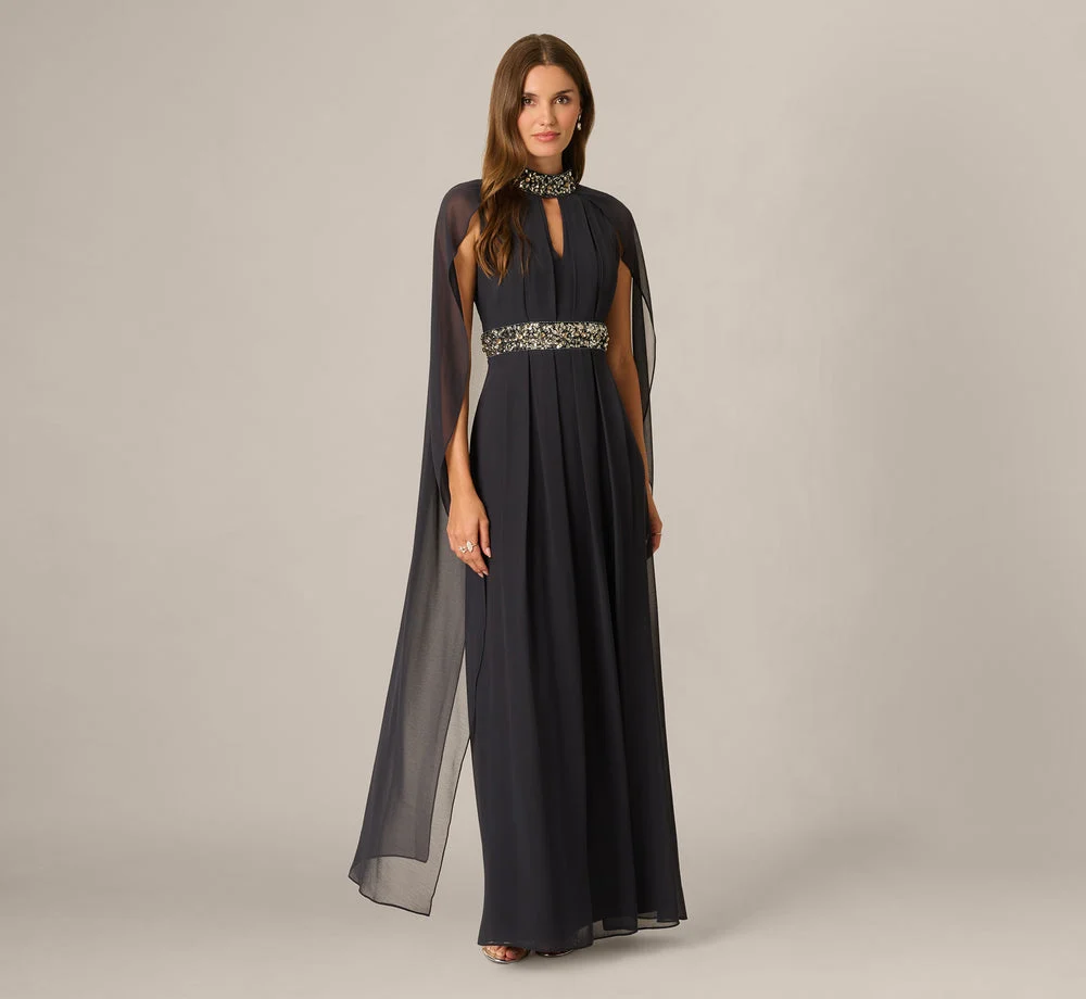 Beaded Trim Keyhole Cape Gown In Midnight