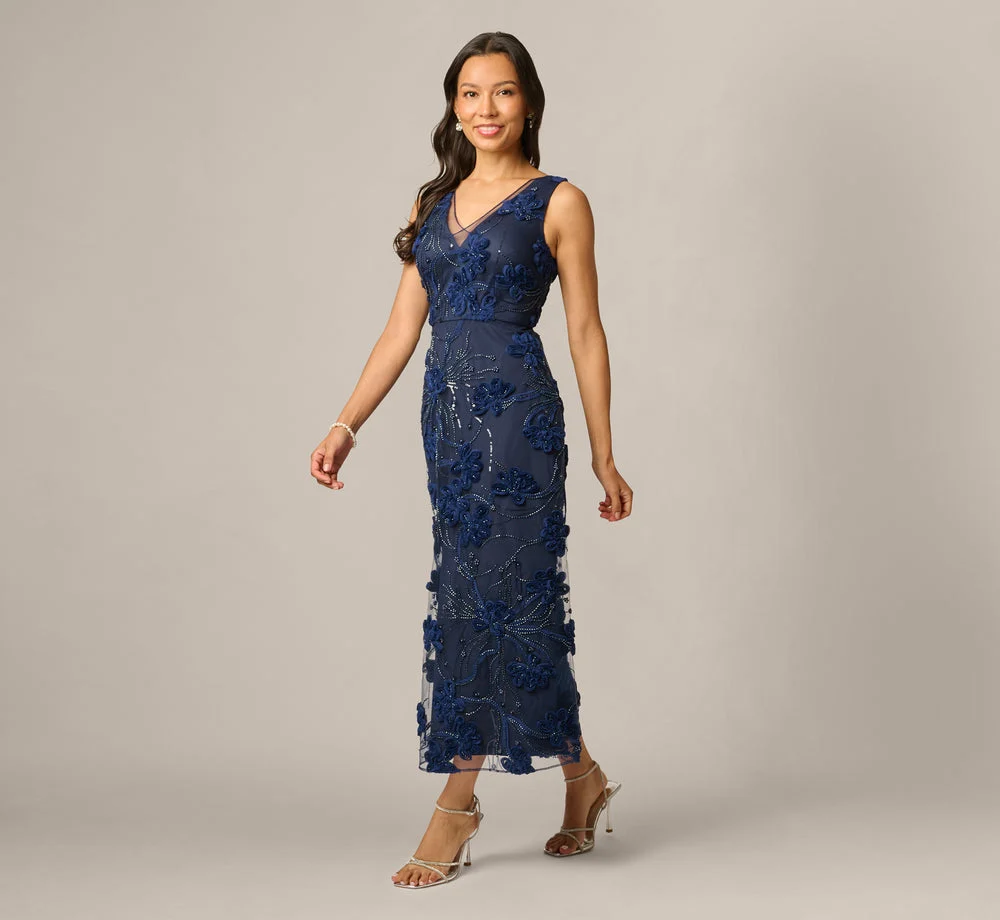 Petite Beaded Floral Soutache Embroidery Ankle Length Dress In Navy