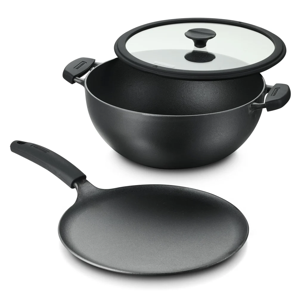 3 Piece Cast Iron 7 Quart Deep Kadai & Flat Tawa Cookware Set