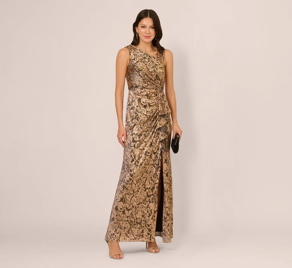 Petite Sleeveless Asymmetrical Damask Metallic Gown In Chocolate