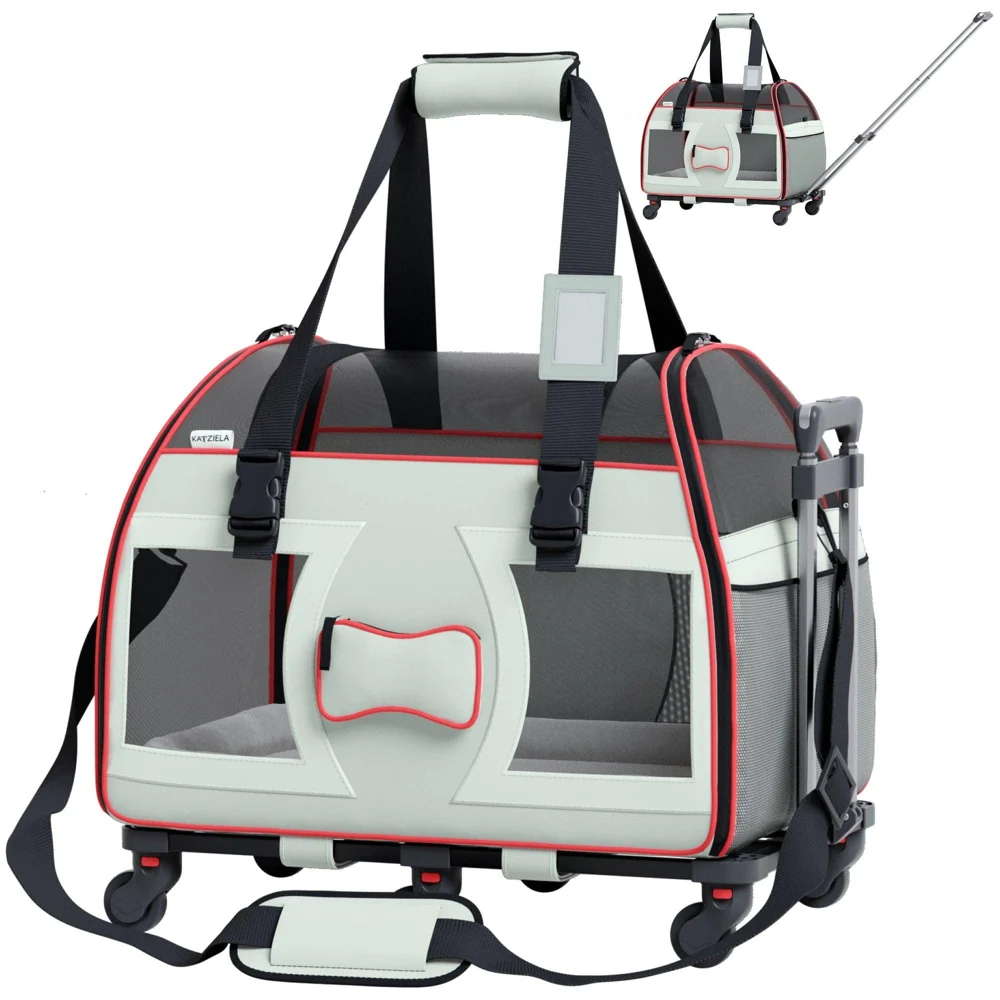 Katziela Bone Cruiser Pet Carrier with Removable Wheels and Telescopic Handle