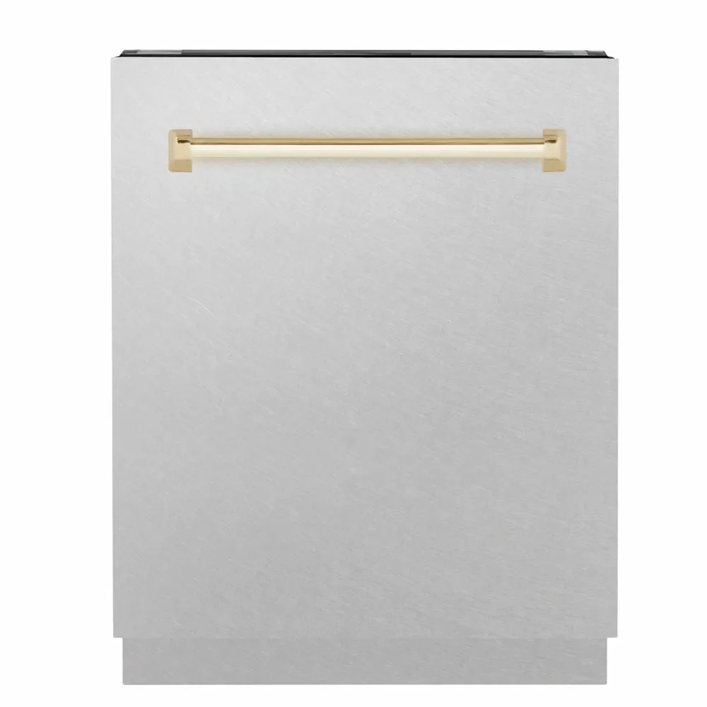 ZLINE Autograph Edition 24 in. Tallac Series 3rd Rack Dishwasher with Auto Door Open Drying, 51dBa, Satin Stainless Steel Panel with Polished Gold Handle (DWVZ-SN-24-G)