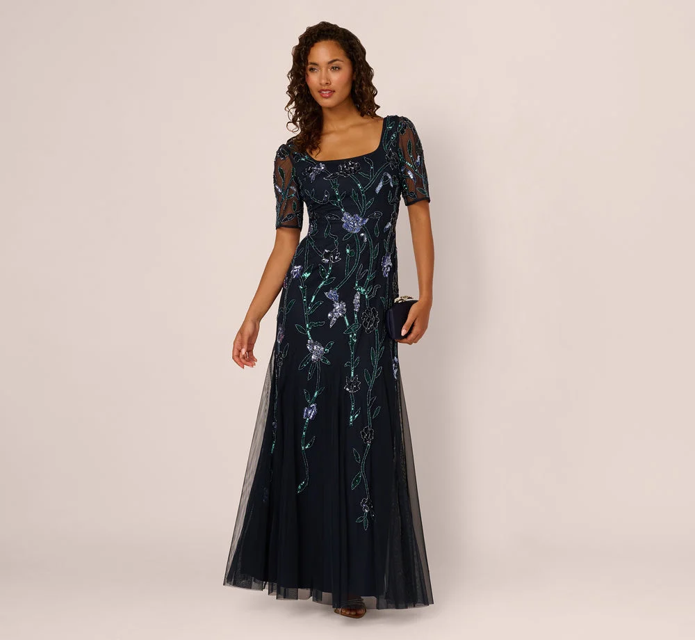 Petite Square Neck Short Sleeve Beaded Godet Gown In Midnight Multi