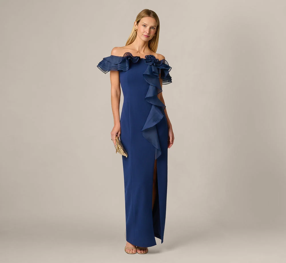 Off Shoulder Organza Rosette Flounce Gown In Navy Sateen