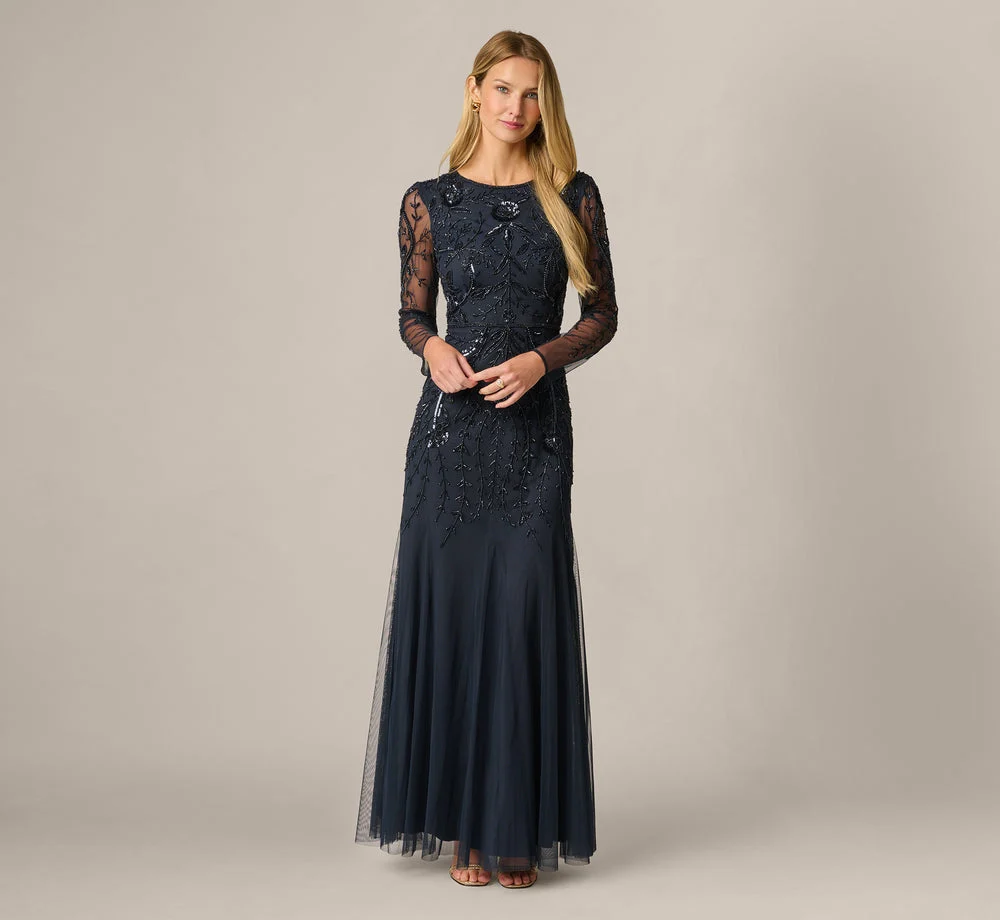 Long Sleeve Floral Sequin Beaded Gown In Midnight