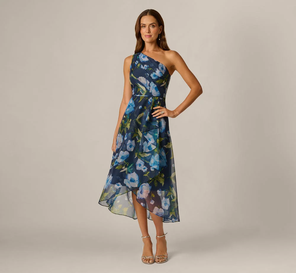 One Shoulder Floral Chiffon High Low Midi Dress In Navy Blue Multi