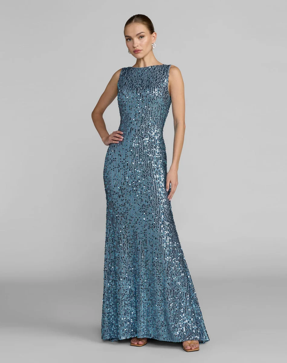 Blue Cowl Back Boat Neck Sequined Evening Gown