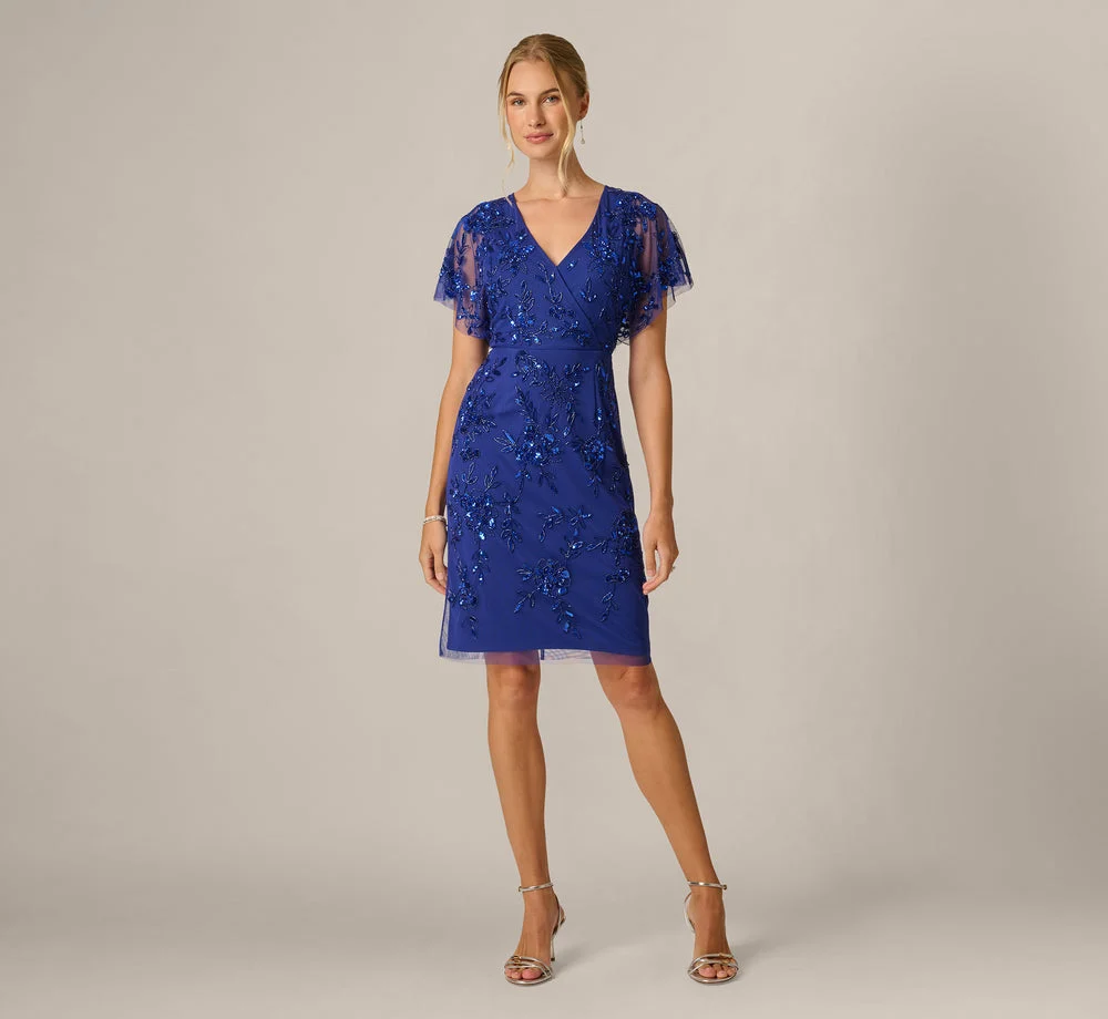 Flutter Sleeve Floral Beaded Surplice Cocktail Dress In Ultra Blue