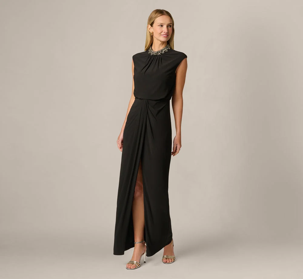 Extended Shoulder Rhinestone Collar Draped Jersey Gown In Black