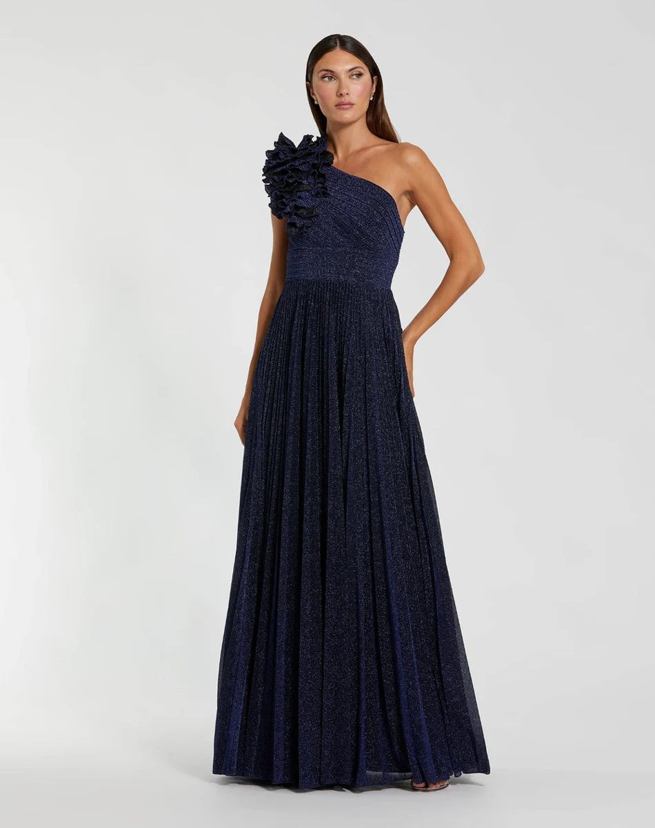 Navy Pleated One Shoulder Ruffle Gown