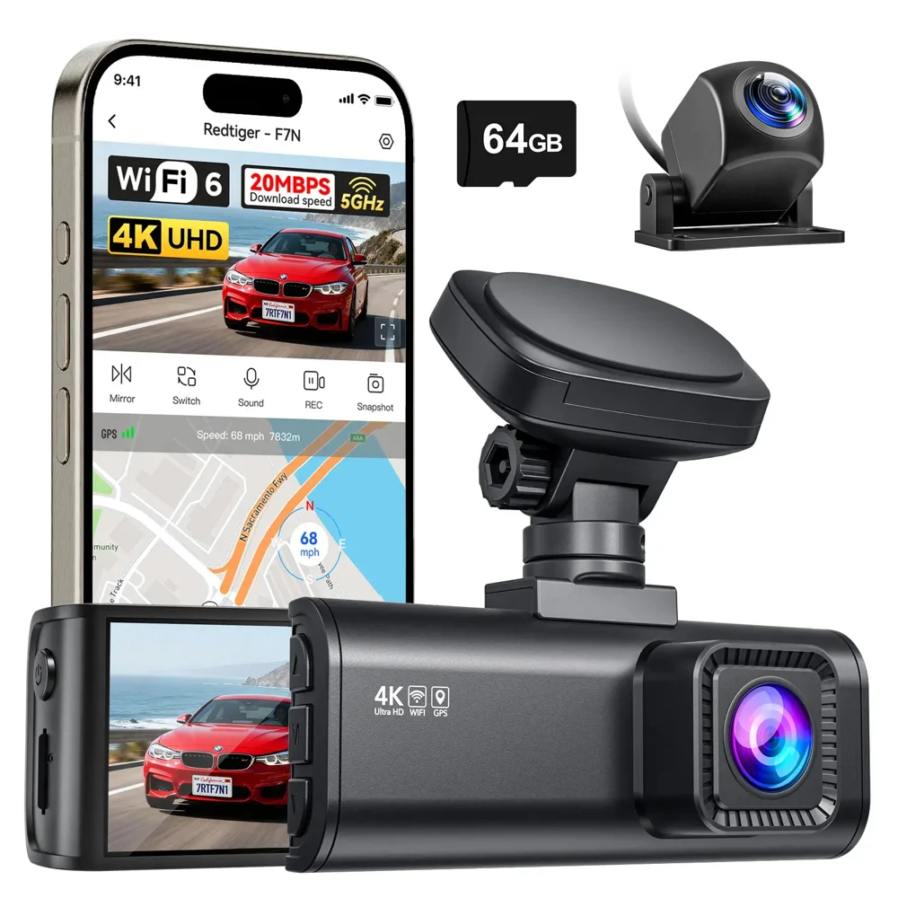 F7N 4K Dual Front and Rear Dash Cam with 64GB Card