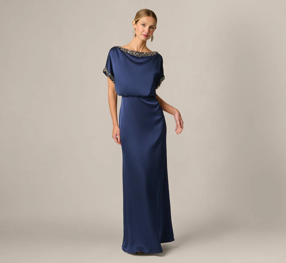 Short Sleeve Satin Beaded Detail Blouson Gown In Dark Navy