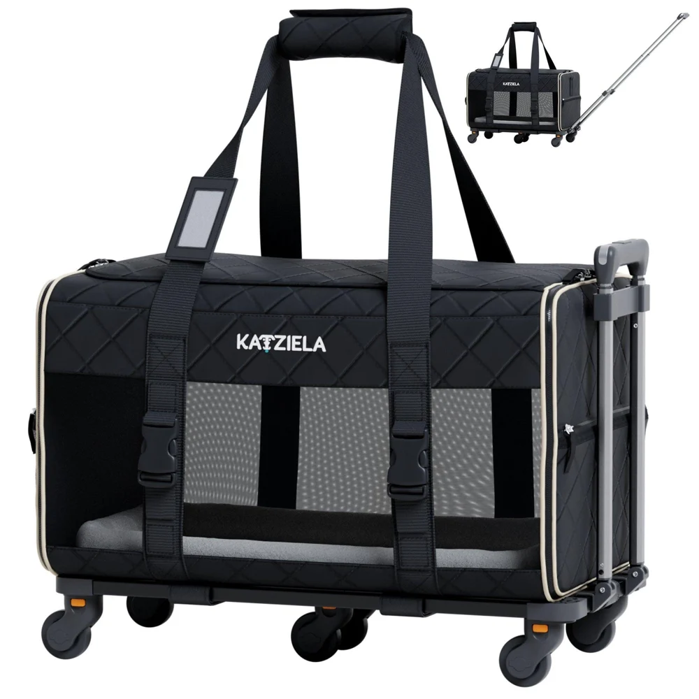 Katziela Quilted Chariot Pet Carrier With Removable Wheels and Telescopic Handle