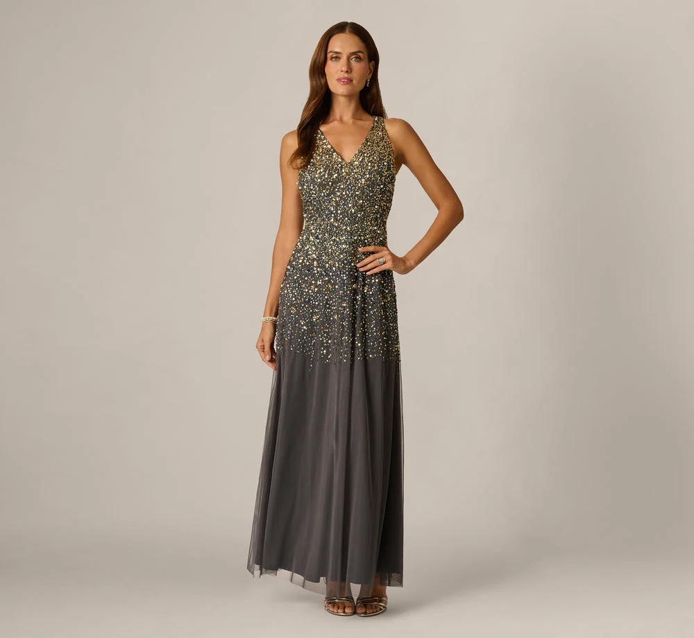 Pearly Sequin Beaded V Neck Gown In Grey Gold