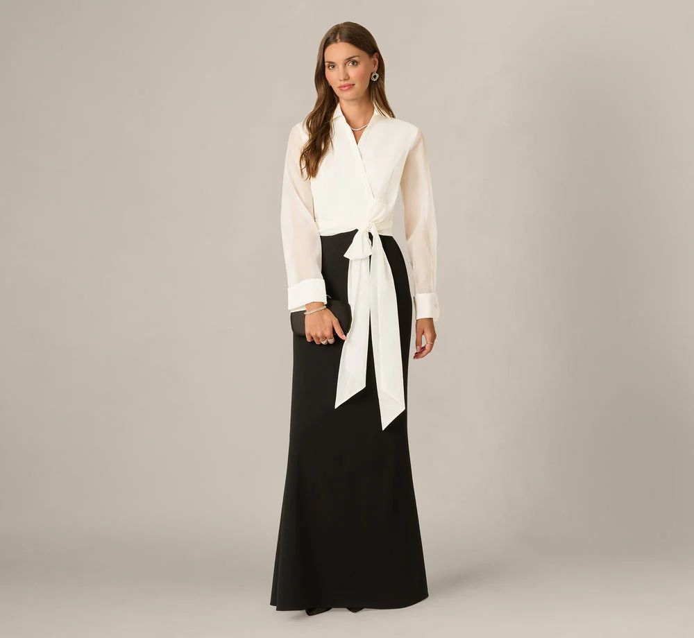 Long Sleeve Tie Waist Organza Combo Gown In Black Ivory