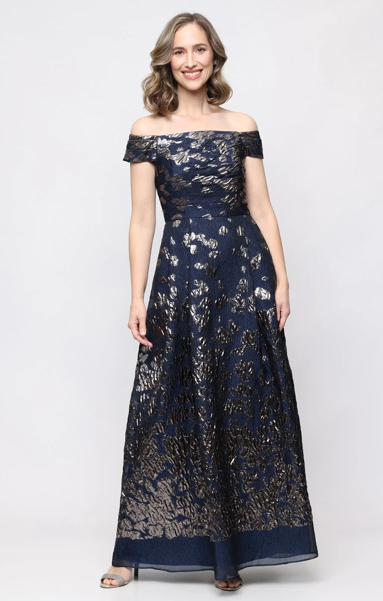 *Long Off the Shoulder Foil Jacquard Dress with Pleated Bodice Detail