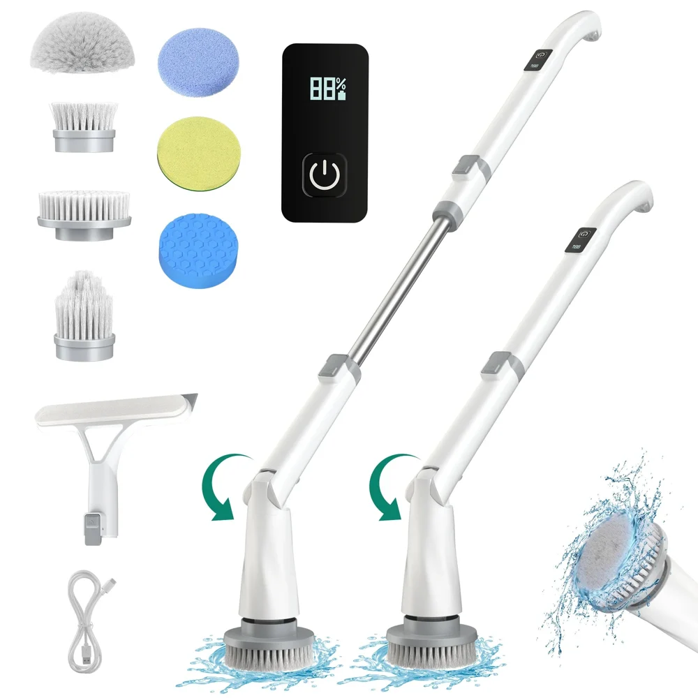 PrettyCare Electric Spin Scrubber,Cordless Shower Scrubber,Powerful Cleaning Brush with 8 Replaceable Brush Heads,LED Display,Adjustable Handle,for Home Bathroom Kitchen,120mins Working Time,GP01