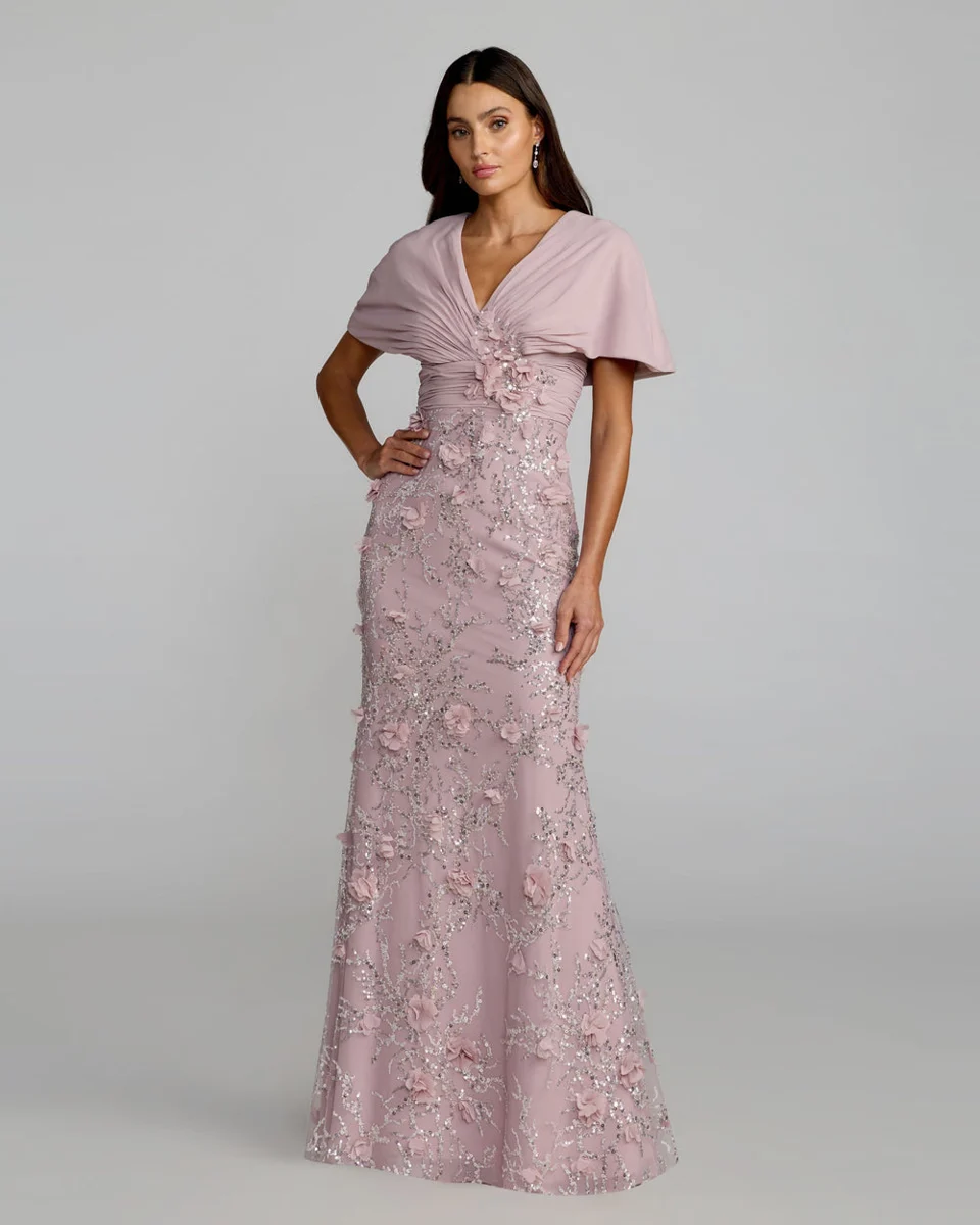 Rose Embellished Draped Cape Sleeve Gown