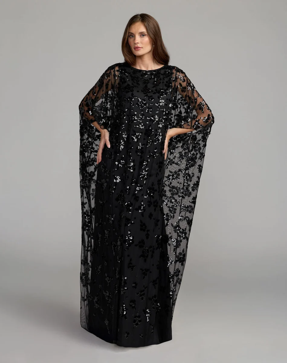 Black Sequin Embellished High Neck Kaftan Gown