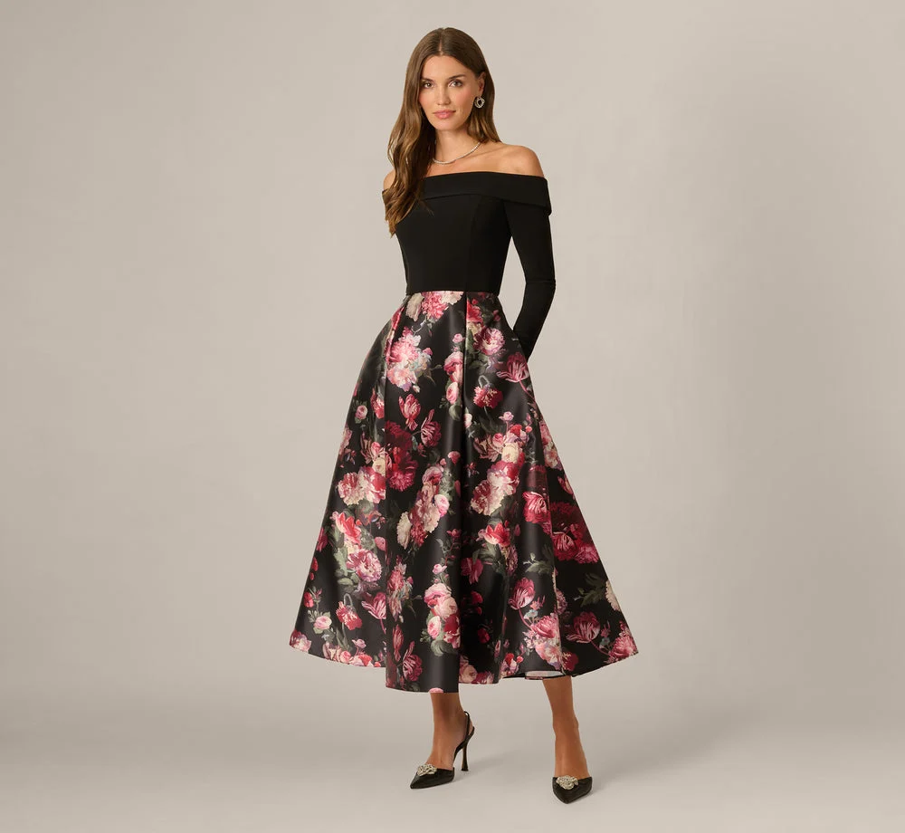 Long Sleeve Off Shoulder Floral Mikado Combo Dress In Black Multi