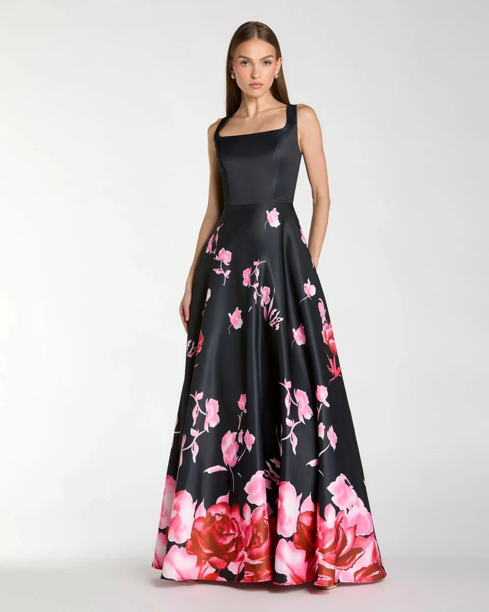 Black Square Neck Floral Print Ball Gown