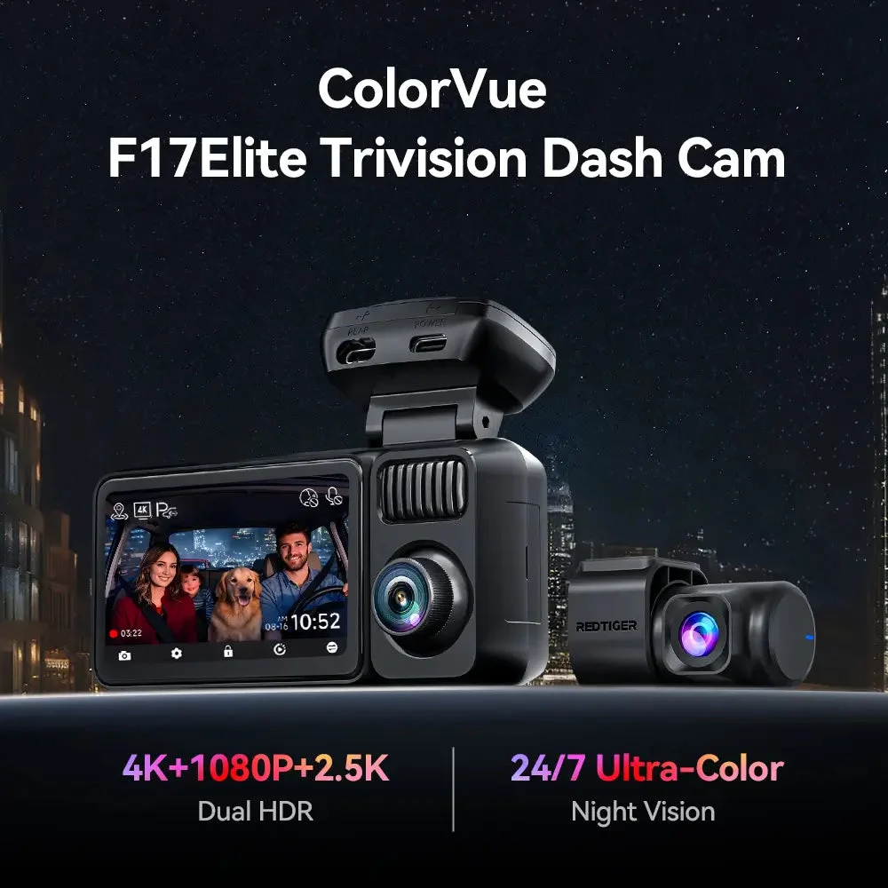 REDTIGER F17 Elite 4K 3 Channel Dash Cam Sony STARVIS 2 Dual HDR WIFI 6 Full Night Color-Refurbished