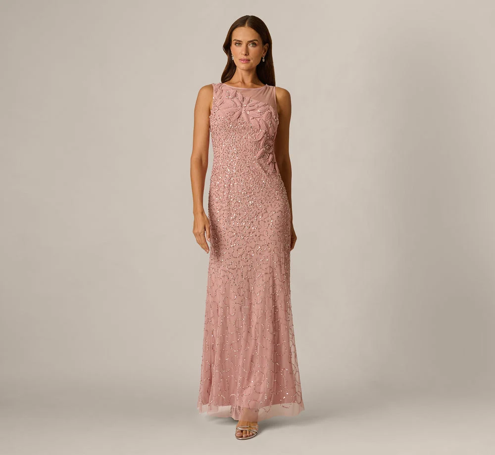 Floral Soutache Sequin Beaded Illusion Gown In Mauve