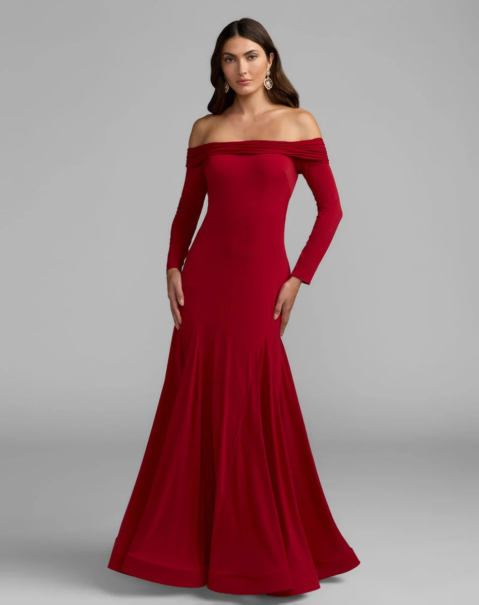 Red Off The Shoulder Long Sleeve Trumpet Gown