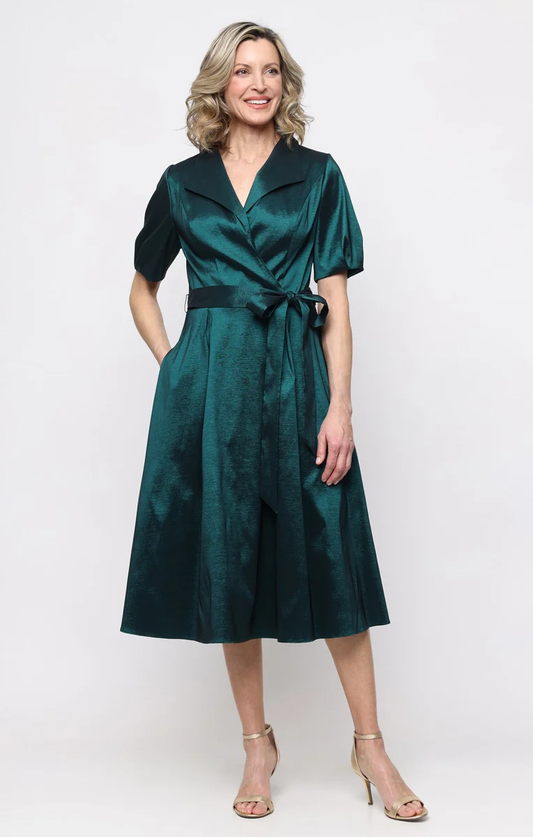 Stretch Taffeta Surplice-Neckline A-Line Gown