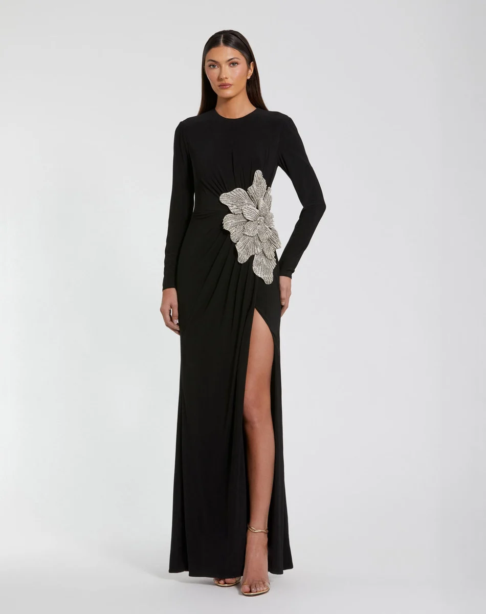 Petite Black Long Sleeve Jersey Gown With Embellished Flower