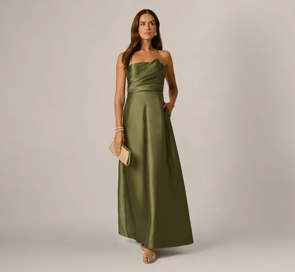 Strapless Fan Pleated Mikado Gown In Jungle Olive