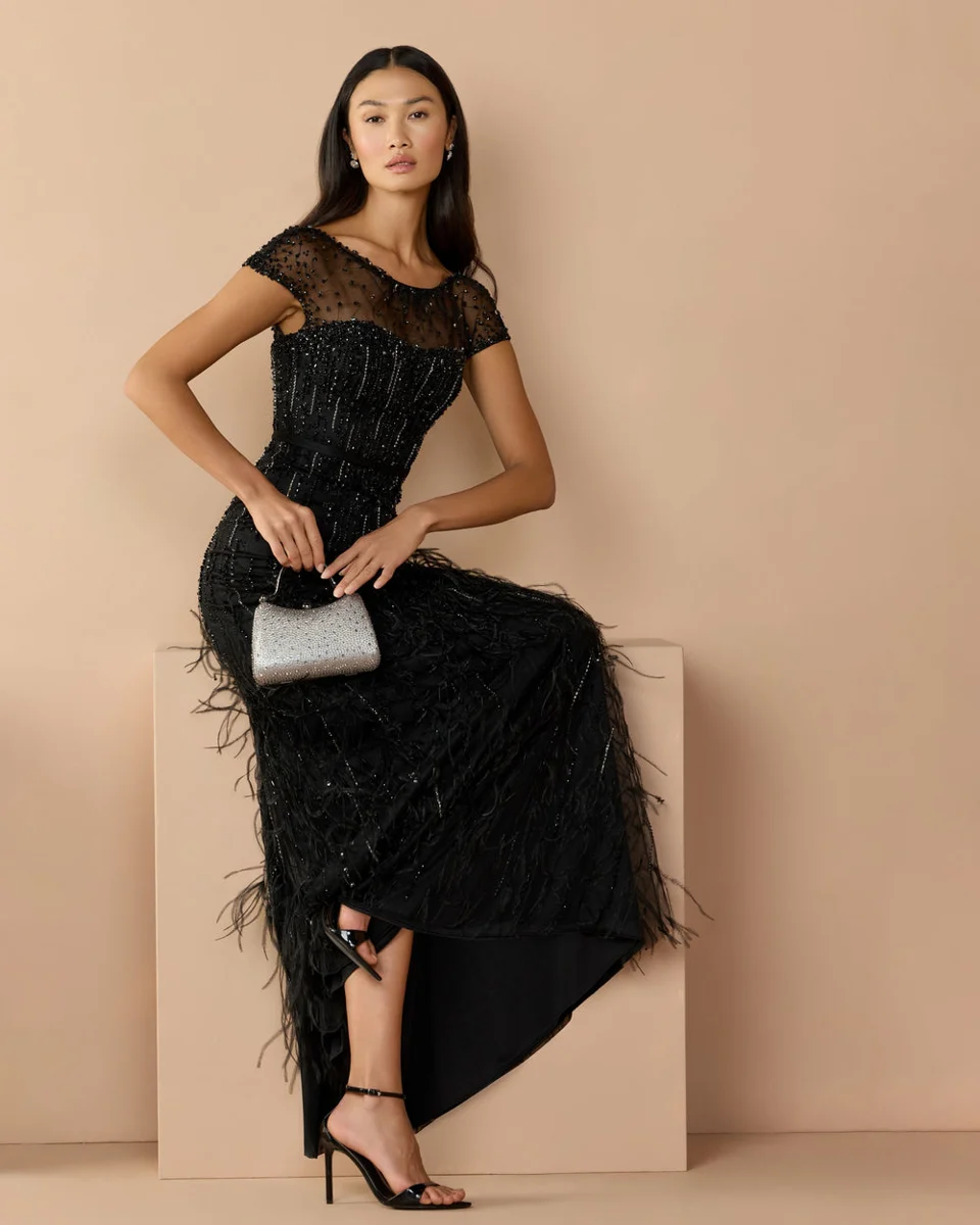 Black Rhinestone Embellished Illusion Neck Feather Gown
