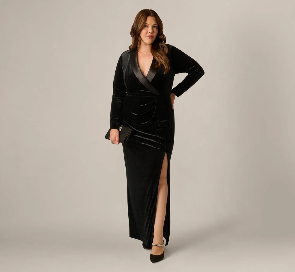 Plus Size Long Sleeve Velvet Tuxedo Gown In Black